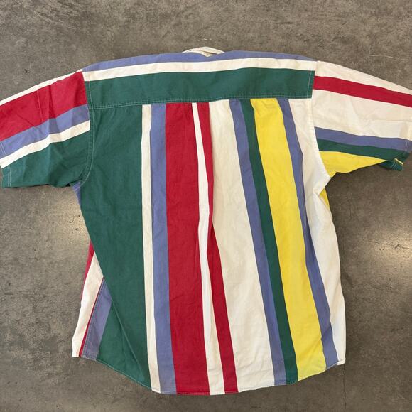 Vintage Y2K Striped Colorblock Retro Men's Button Up Short Sleeve Red Green - Picture 2 of 5